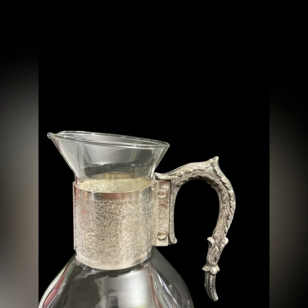 VTG 1960s Corning Brand Glass Pitcher with Pewter Silver Plated Neck & Hand